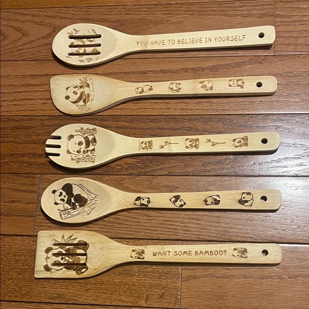 Lot of 5 pc Wooden Bamboo Panda Kitchen Cooking Spoons Utensils NWOT, New